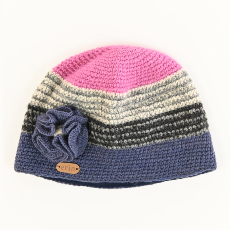 Crochet Cap with Flower Corsage in Blue and Pink PK1421